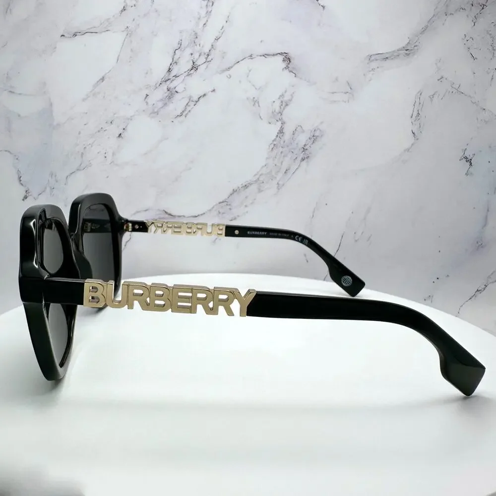New Burberry Sunglasses Black Square Gold Metal Cut Out BURBERRY Logo Womens